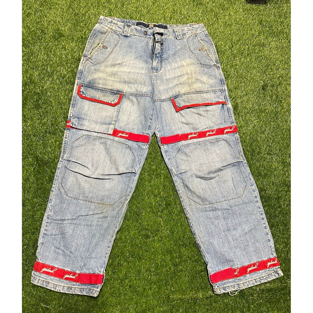 Marithe Francois Girbaud Mens Light Wash Denim Straight Jeans Blue Red 38x32